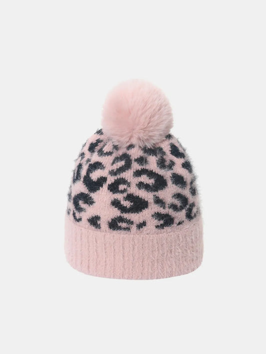 Leopard Hat with Pompom Blush Pink One Size Easy Apparels