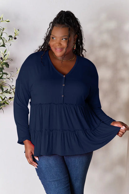 Trendsi Double Take Half Button Long Sleeve Ruffle Hem Blouse Dark Blue