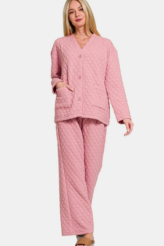 Zenana Quilted Button Up Long Sleeve Top and Pants Lounge Set Dusty Pink Easy Apparels