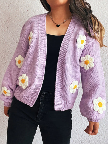 Flower Open Front Long Sleeve Cardigan Easy Apparels