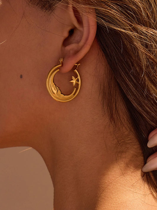 18K Gold-Plated Crescent Moon Star Hoop Earrings Gold One Size Easy Apparels