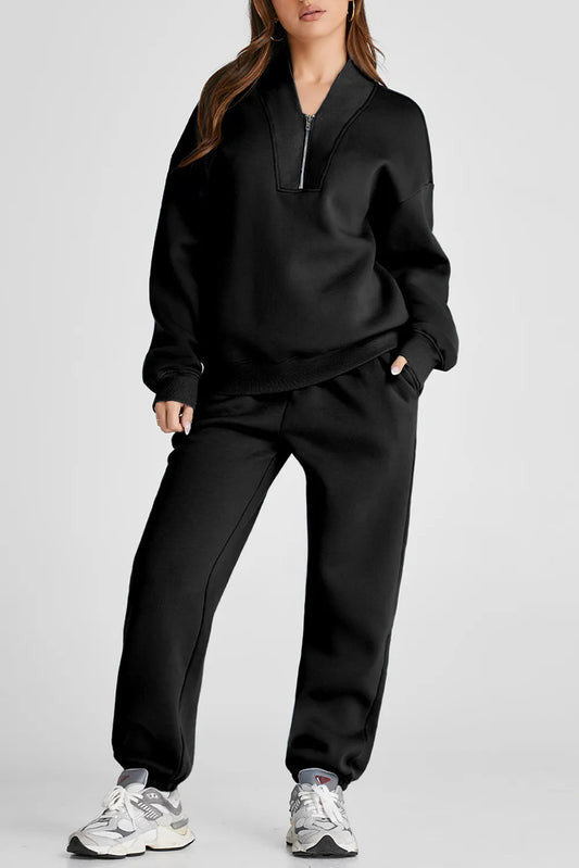 Quarter Zip Long Sleeve Top and Pants Set Black Easy Apparels