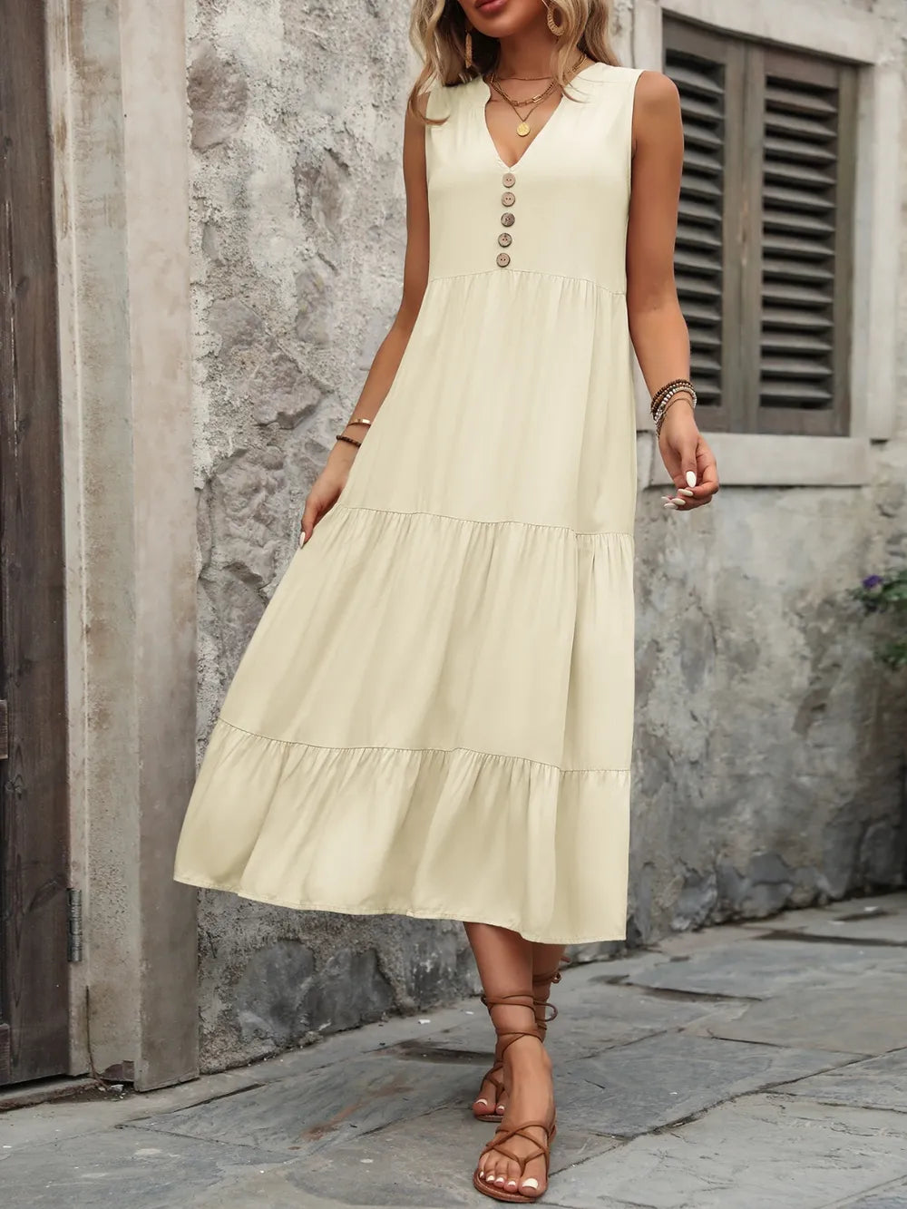 Ivy Lane Decorative Button Notched Sleeveless Dress Easy Apparels
