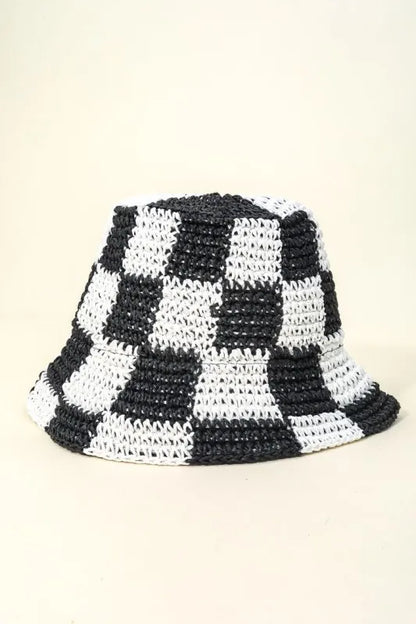 Fame Checkered Pattern Knit Bucket Hat Black One Size Easy Apparels