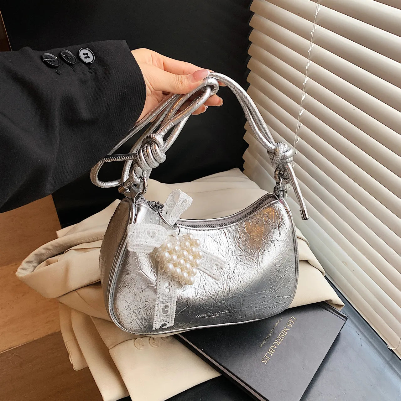 Knotted Strap Shoulder Bag Silver onesize Easy Apparels
