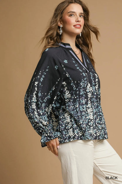 Trendsi Umgee Full Size Floral Vine Print Blouse with Balloon Sleeves Plus Size