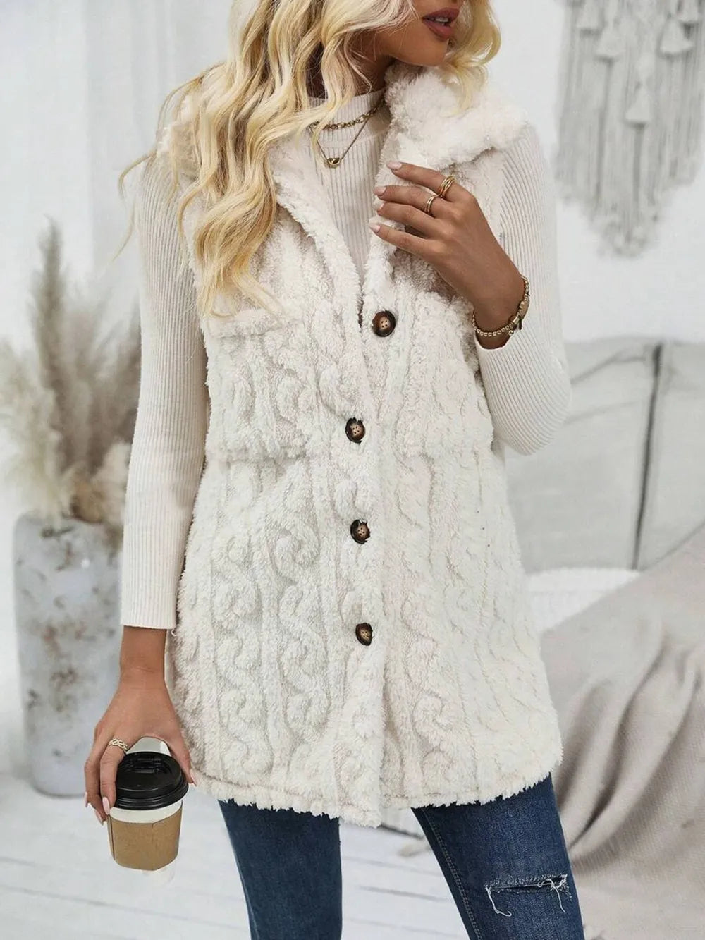 Fuzzy Button Up Vest Coat Easy Apparels