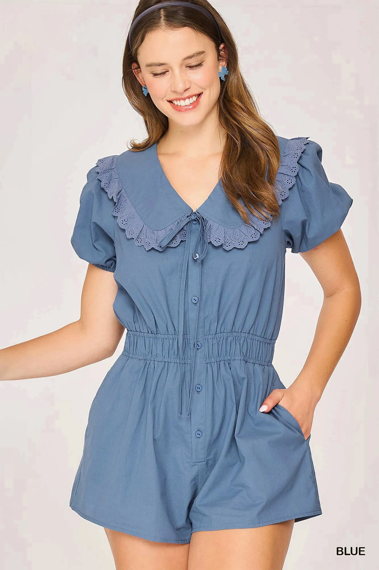 Umgee Collared Short Sleeve Button Down Romper Blue Easy Apparels