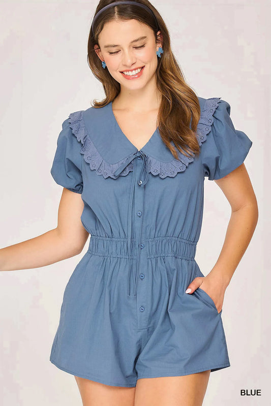 Umgee Collared Short Sleeve Button Down Romper Blue Easy Apparels