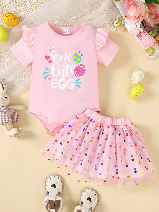 Children's Ruffled Graphic Bodysuit and Skirt Set Blush Pink Easy Apparels