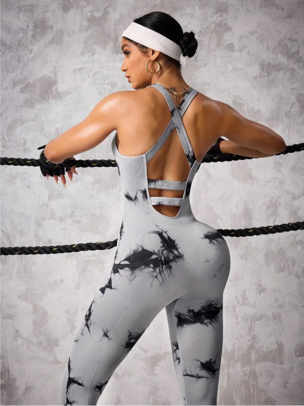Back Crisscross Tie-Dye Scoop Neck Active Jumpsuit Easy Apparels
