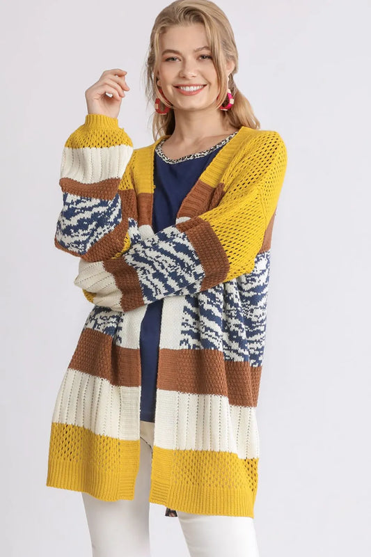 Umgee Full Size Color Block Open Front Longline Cardigan Plus Size GOLD BROWN Easy Apparels