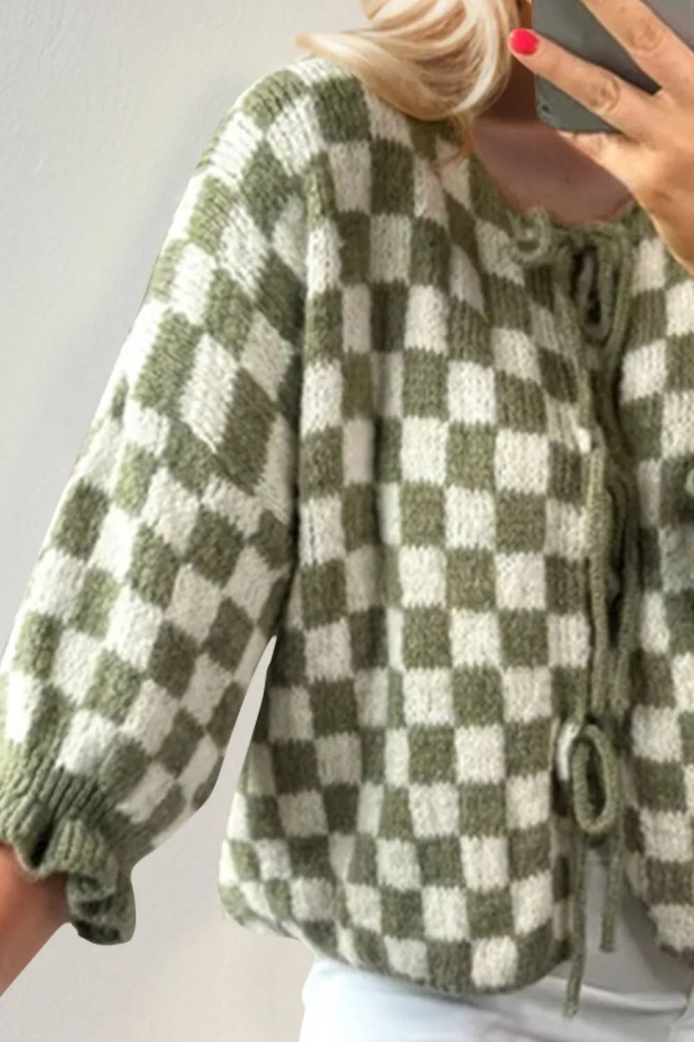 Double Take Tied Checkered Dropped Shoulder Flounce Sleeve Cardigan Easy Apparels
