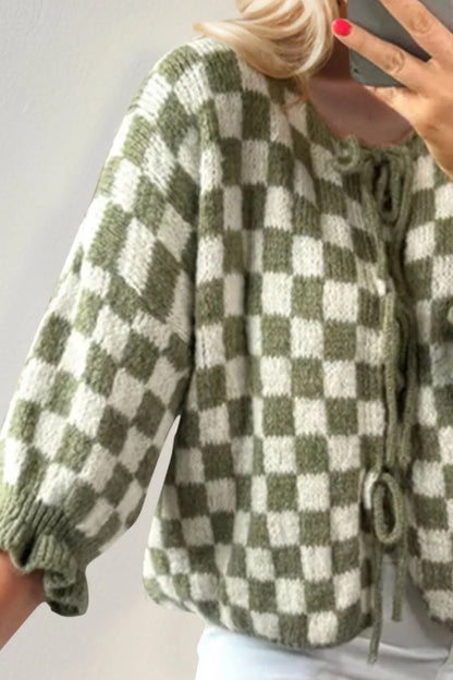 Double Take Tied Checkered Dropped Shoulder Flounce Sleeve Cardigan Easy Apparels