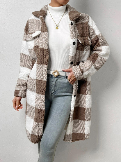 Plaid Collared Neck Button Down Coat Mocha Easy Apparels