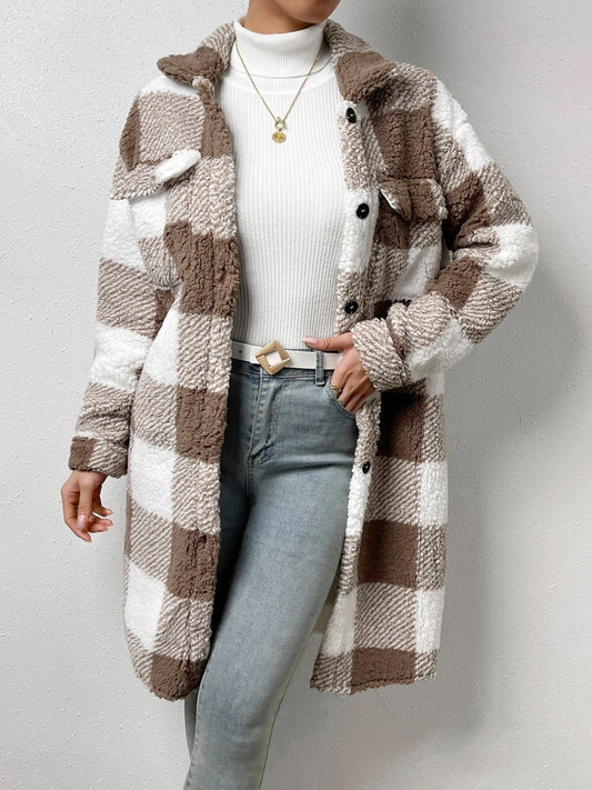Plaid Collared Neck Button Down Coat Mocha Easy Apparels