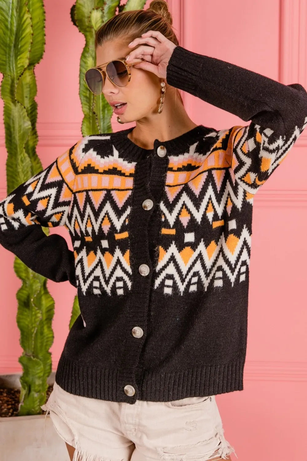 BiBi Ethnic Pattern Button Up Knit Cardigan Easy Apparels
