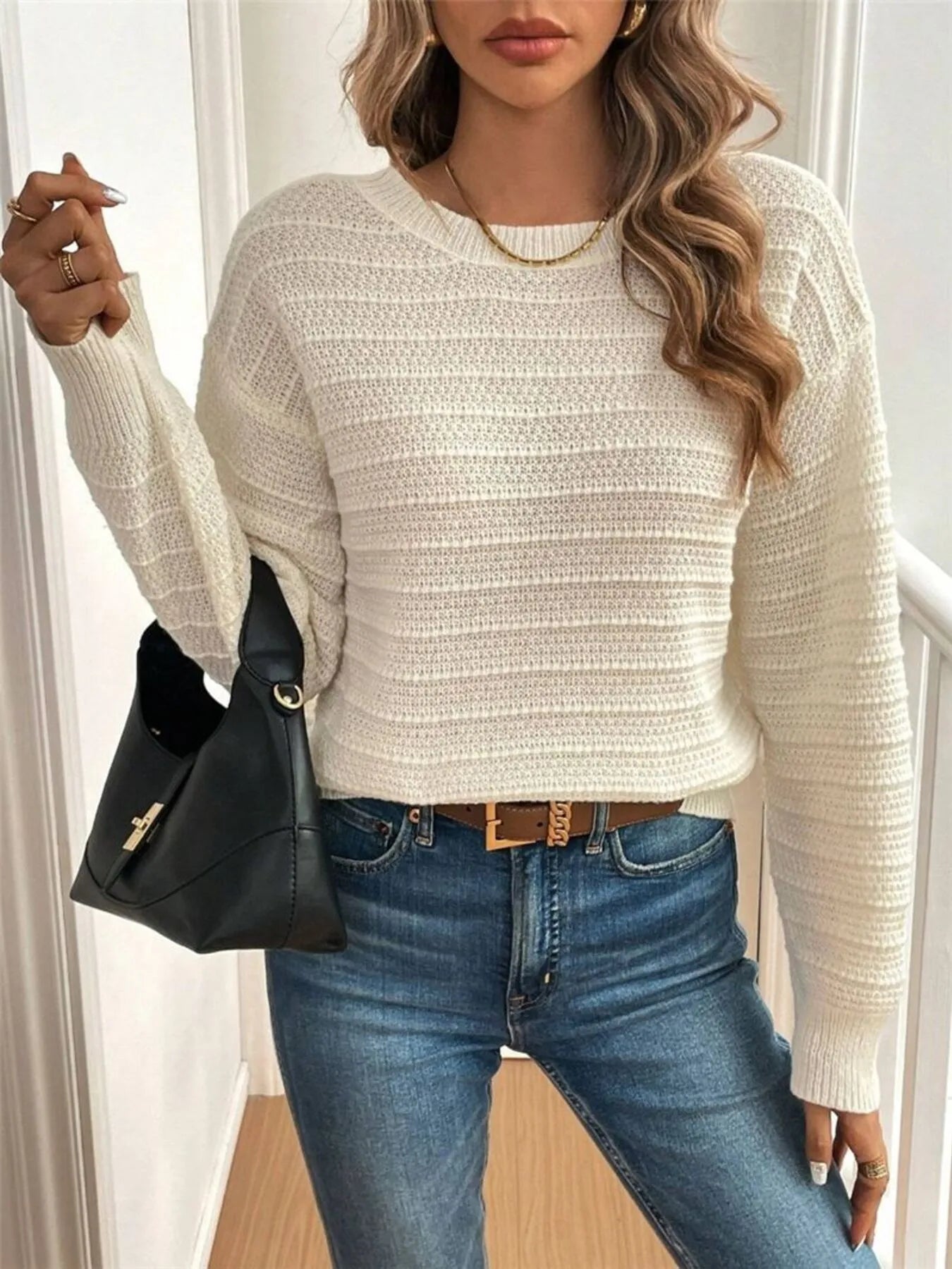 Trendsi Round Neck Bow-Back Knit Top