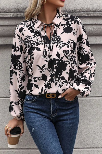 Trendsi Perfee Printed Tie Neck Balloon Sleeve Blouse