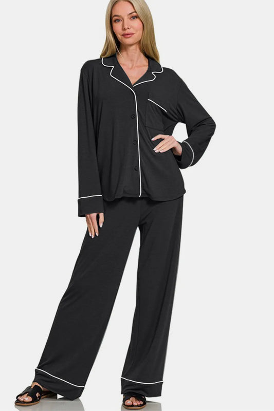 Zenana Button Down Long Sleeve Top and Pants Lounge Set Easy Apparels