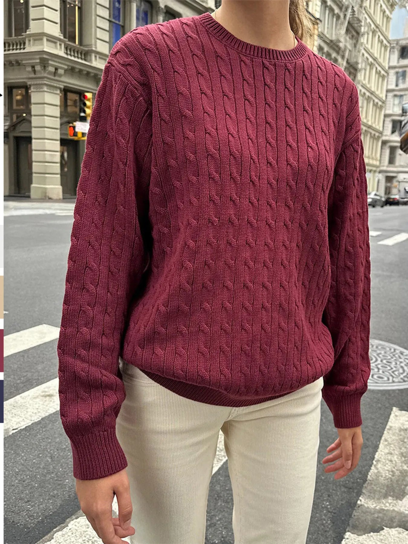 Trendsi Cable-Knit Round Neck Pullover Sweater Burgundy