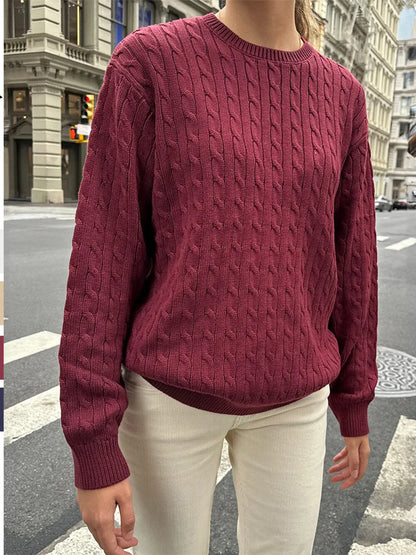 Trendsi Cable-Knit Round Neck Pullover Sweater Burgundy