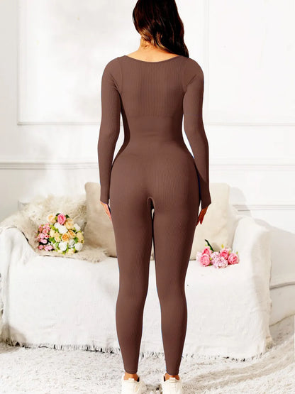 Scoop Neck Long Sleeve Active Jumpsuit Easy Apparels