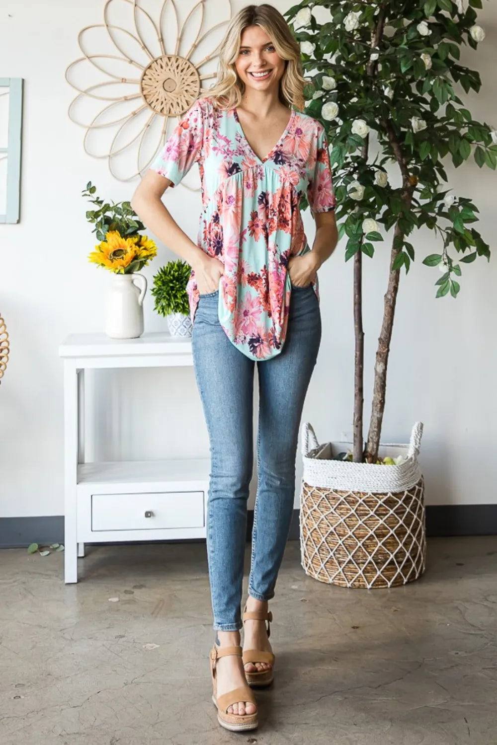 Trendsi Heimish Full Size Floral V-Neck Short Sleeve Babydoll Blouse