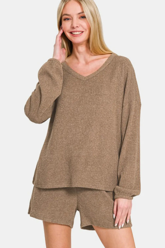 Zenana V-Neck Long Sleeve Ribbed Top and Shorts Set Camel Easy Apparels