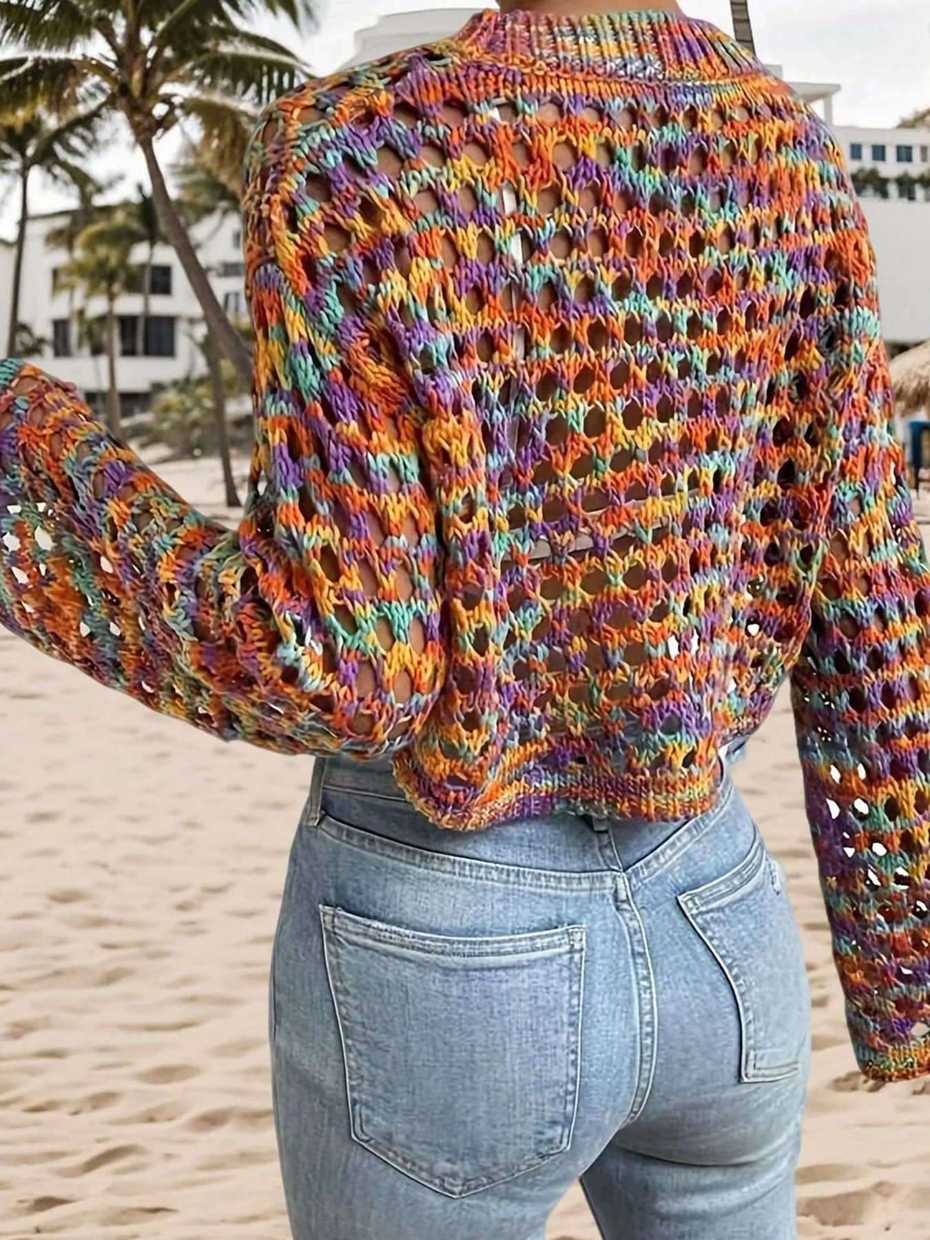 Trendsi Rainbow Crochet Hollow Out Cropped Sweater