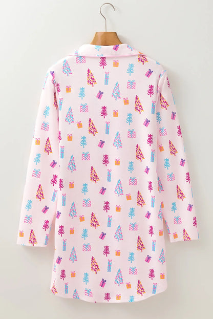 Printed Collared Neck Long Sleeve Lounge Dress Easy Apparels
