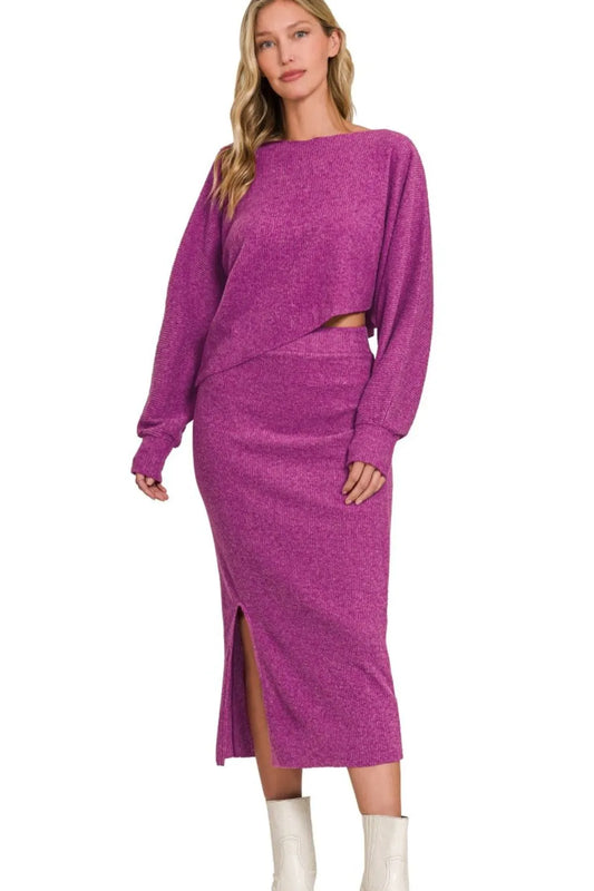 Zenana Ribbed Asymmetric Hem and Sleeve Top & Skirt Set Easy Apparels