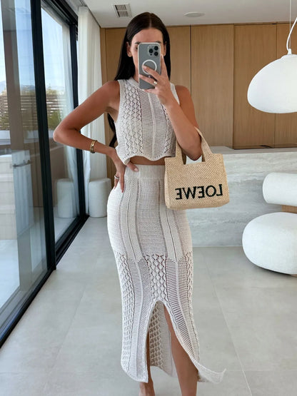 Openwork Round Neck Top and Slit Skirt Sweater Set Easy Apparels