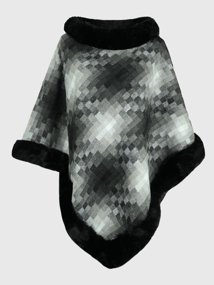 Faux Fur Trim Poncho Charcoal One Size Easy Apparels