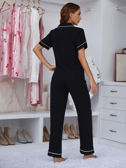 Contrast Piping Lapel Collar Short Sleeve Top and Pants Pajama Set Easy Apparels