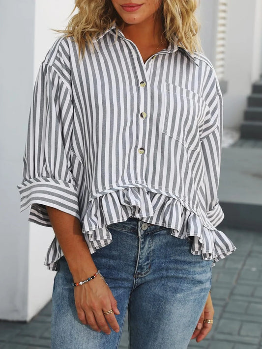 Trendsi Striped Ruffle Hem Button-Up Shirt Black