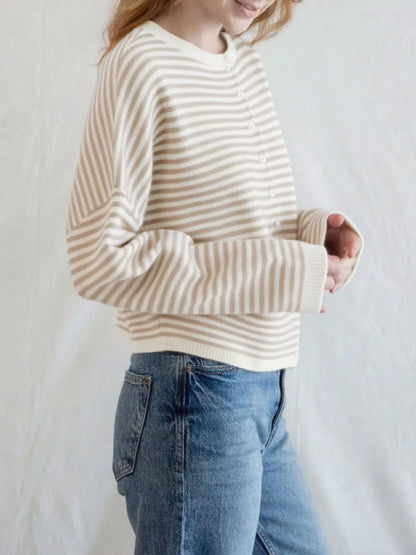 Striped Button Front Long Sleeve Cardigan Easy Apparels