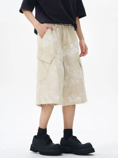 Men's Paint Splattered Cargo Bermuda Shorts with Distressed Edge Detail Apricot Easy Apparels