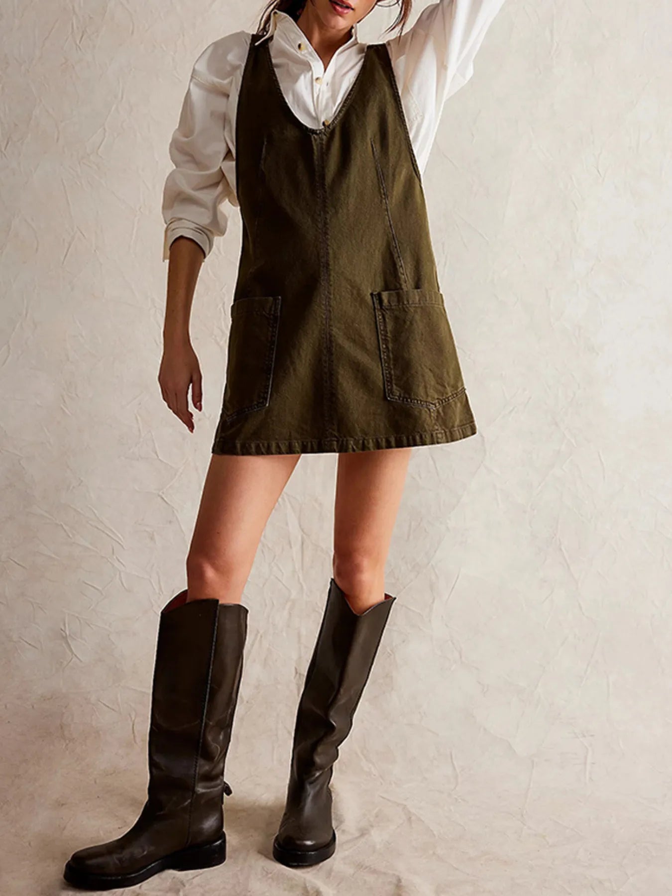 Oversized V-Neck Denim Tank Dress with Front Pockets Easy Apparels