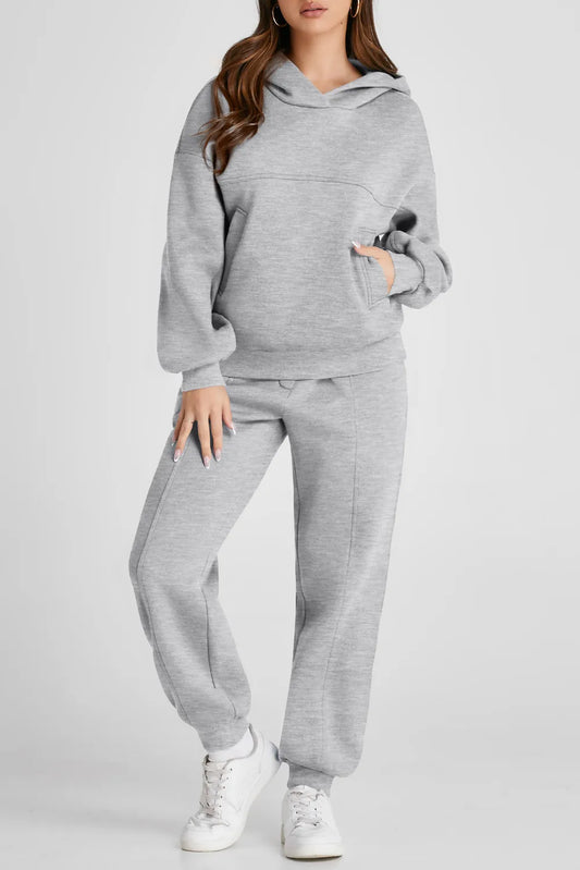 Dropped Shoulder Long Sleeve Hoodie and Pants Active Set Gray Easy Apparels