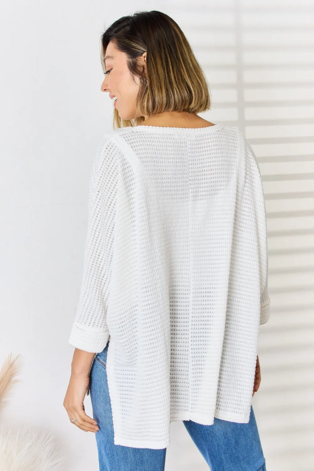 Trendsi Zenana Full Size Waffle Knit V-Neck Long Sleeve Slit Top