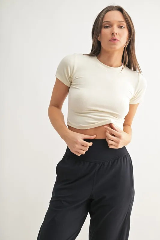 MONO B Essential Micro-ribbed Cropped Athleisure Tee NATURAL Easy Apparels