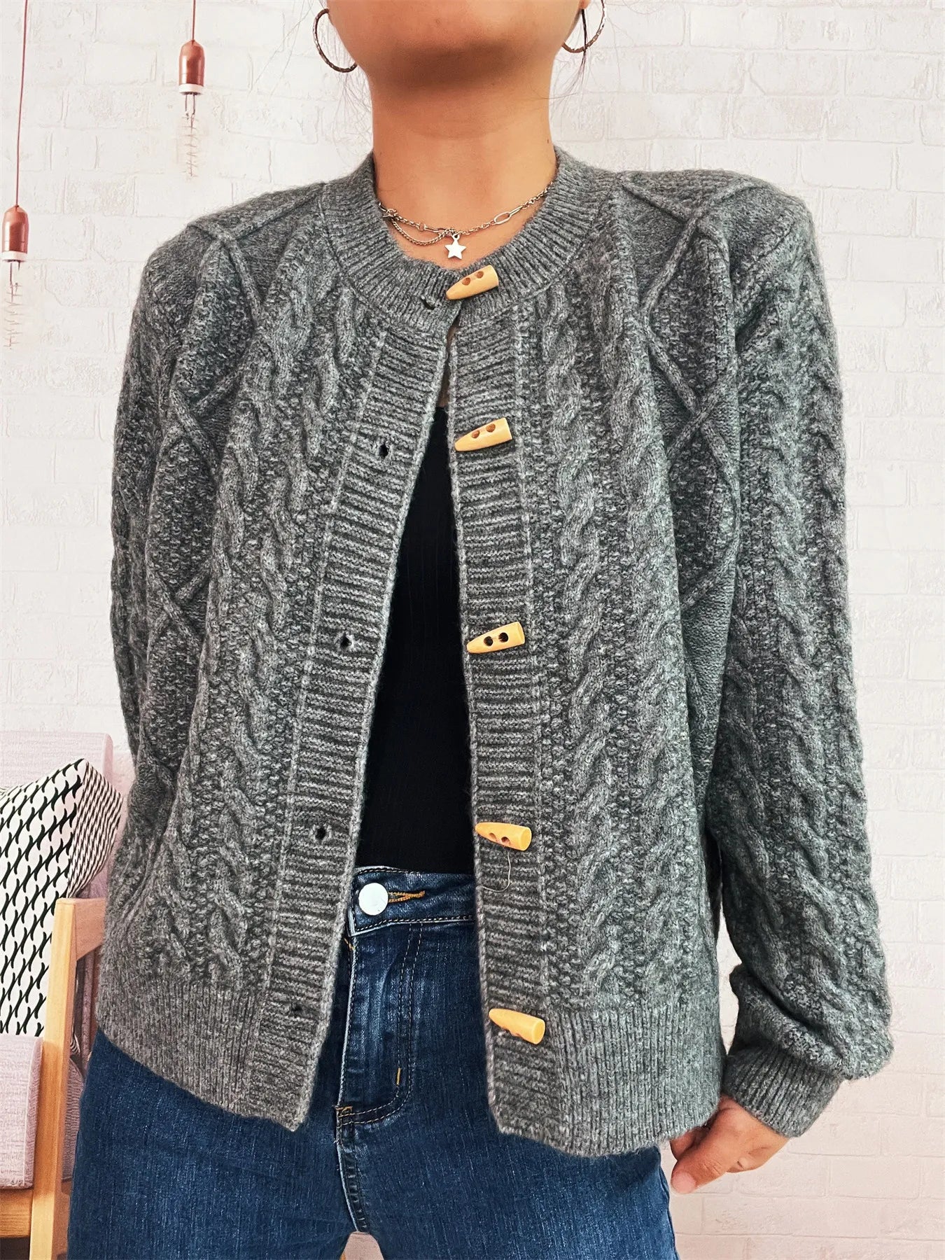 Cable Knit Button-Up Cardigan Dark Gray One Size Easy Apparels