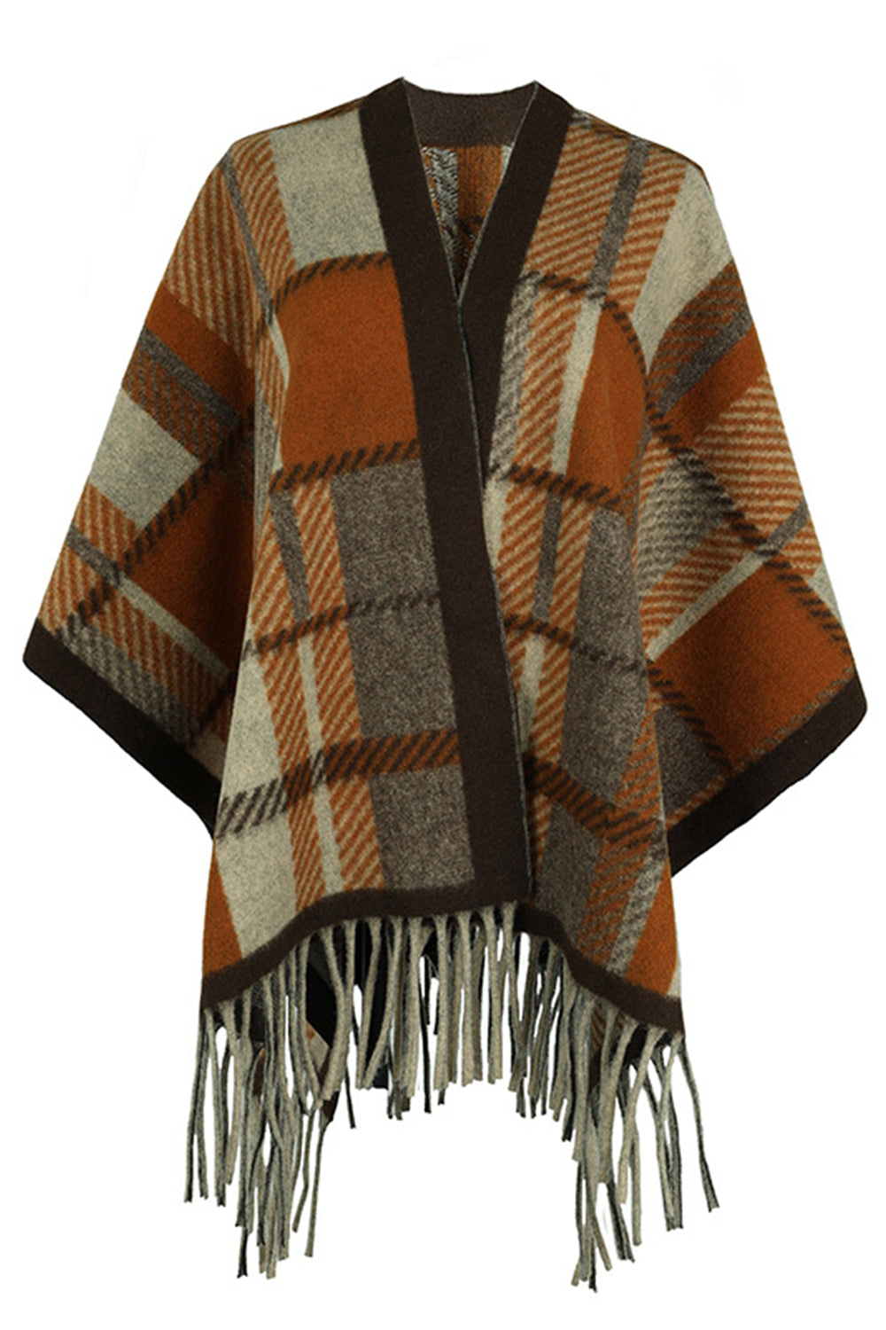 Cloak Sleeve Fringe Detail Poncho Camel One Size Easy Apparels