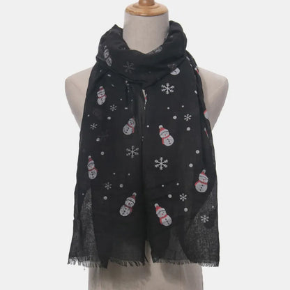 Fringe Snowman Polyester Scarf Black One Size Easy Apparels