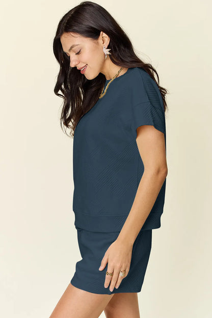 Double Take Full Size Texture Short Sleeve T-Shirt and Drawstring Shorts Set Easy Apparels