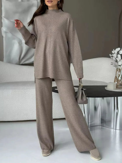 Slit Mock Neck Top and Pants Sweater Set Easy Apparels