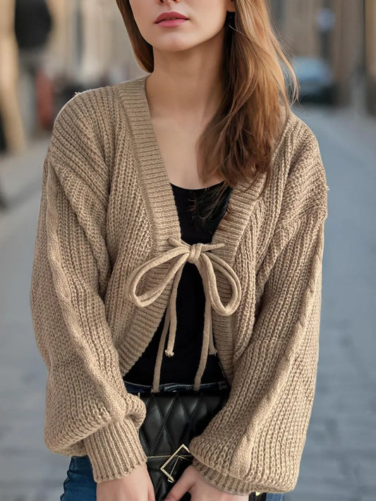 Tied Dropped Shoulder Long Sleeve Cardigan Camel One Size Easy Apparels