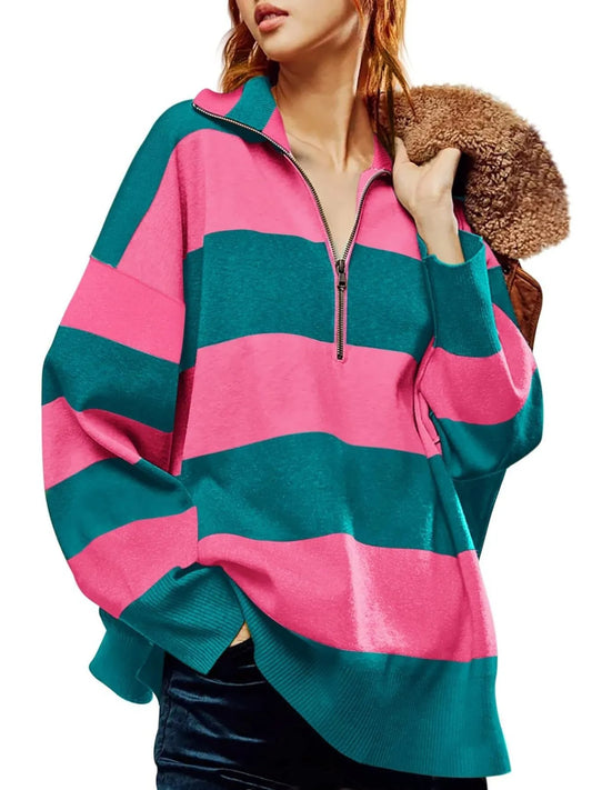 Trendsi Striped Half-Zip Oversized Sweatshirt Rose Red