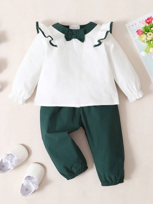 Children's Contrast Ruffled Top and Pants Set White Green Easy Apparels